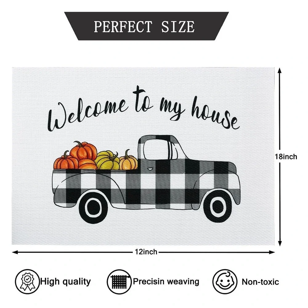 4pc Fall Farmhouse‎ Placemats Welcome To My House Buffalo Check Truck Pumpkins